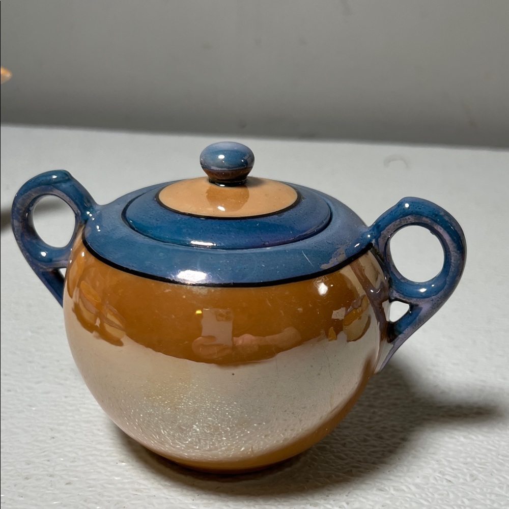 Vintage Japanese Lusterware Copper & Blue Covered Teapot & Creamer Set - Picture 5 of 16
